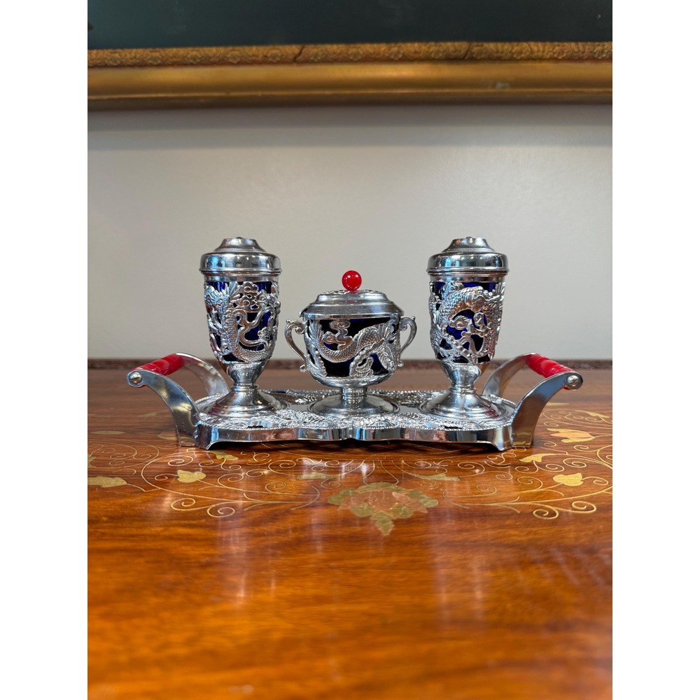 Vintage Japanese Condiment Set‎ • Silver Plate Dragon Motif with Cobalt Glass